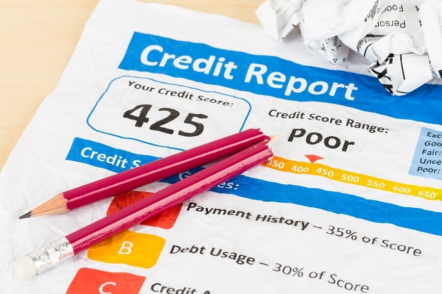Poor credit score report on wrinkled paper with pen and calculator